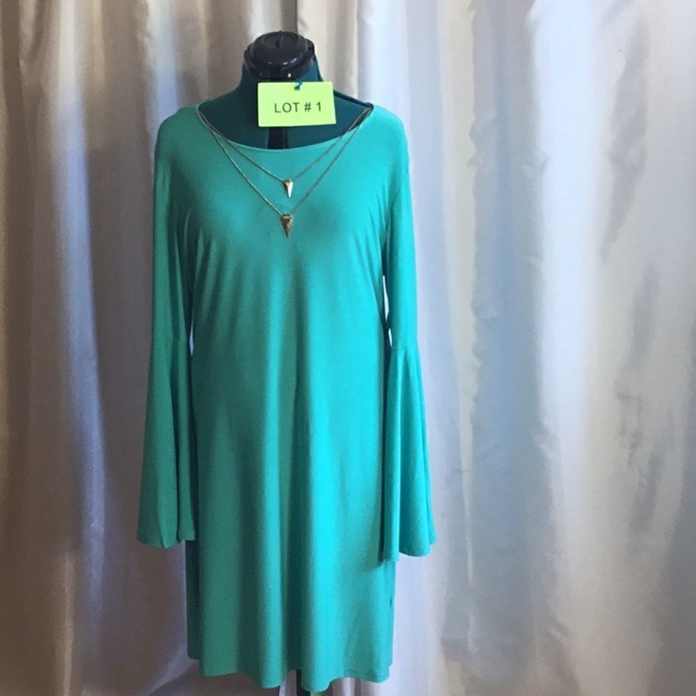 Teal shift type dress with long belled sleeves, removable gold necklace LARGE